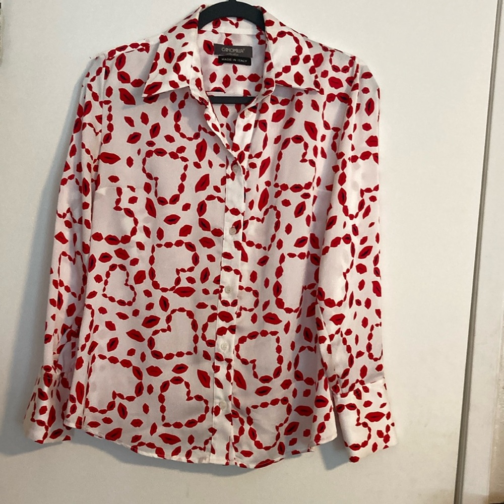 Red and White Long Sleeve Notched Collar Button Down Shirt